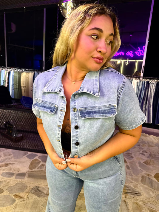 2501 CHAQUETA EN TELA DENIM STRETCH, AZUL HIELO CURVY