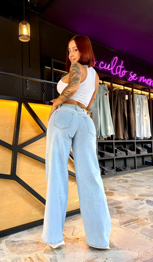 REF: 39550 PALAZO TIRO ALTO EN TELA DENIM FULL STRETCH CON PIEDRA BRILLANTE POR DELANTE