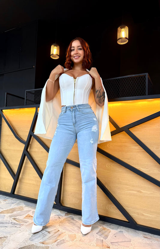 REF: 38614 BOTA RECTA TIRO ALTO EN TELA DENIM SEMI STRETCH, AZUL CLARO