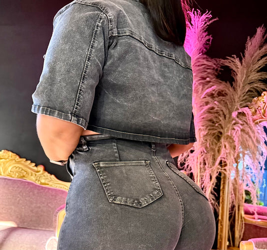 2501 CHAQUETA EN TELA DENIM STRETCH, GRIS HUMO CURVY