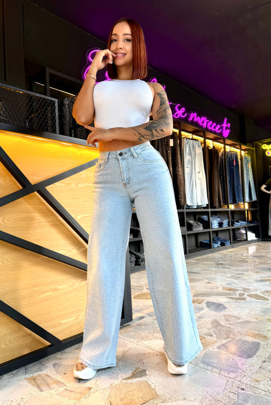 REF: 39550 PALAZO TIRO ALTO EN TELA DENIM FULL STRETCH CON PIEDRA BRILLANTE POR DELANTE