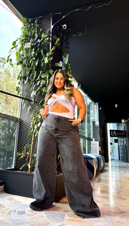 REF: 2512 JEAN CURVY,  ANCHO REALMENTE ANCHO CON PIEDRAS, TIRO ALTO EN TELA DENIM RÍGIDO