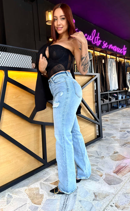 REF: 38614 BOTA RECTA TIRO ALTO EN TELA DENIM SEMI STRETCH, AZUL CLARO