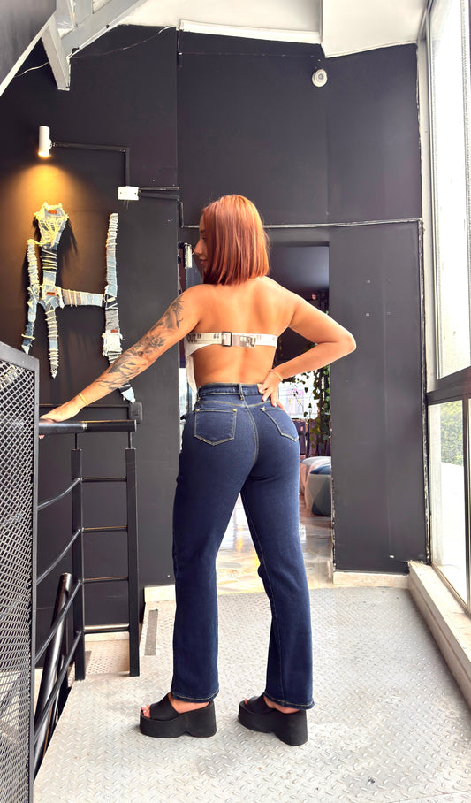 REF: 97733 RECTO TIRO ALTO CON REALCE EN TELA DENIM STRETCH, AZUL OSCURO