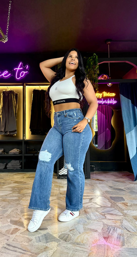 REF: 92266 BOTA RECTA LEVANTA COLA, TIRO ALTO EN TELA DENIM STRETCH