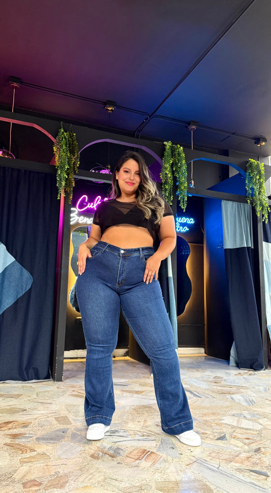 REF: 39385 CLÁSICO CURVY TIRO ALTO, BOTA FLARE EN TELA DENIM FULL STRETCH