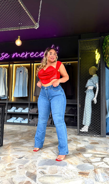 REF: 38600 BOTA RECTA CURVY TIRO ALTO EN TELA DENIM FULL STRETCH