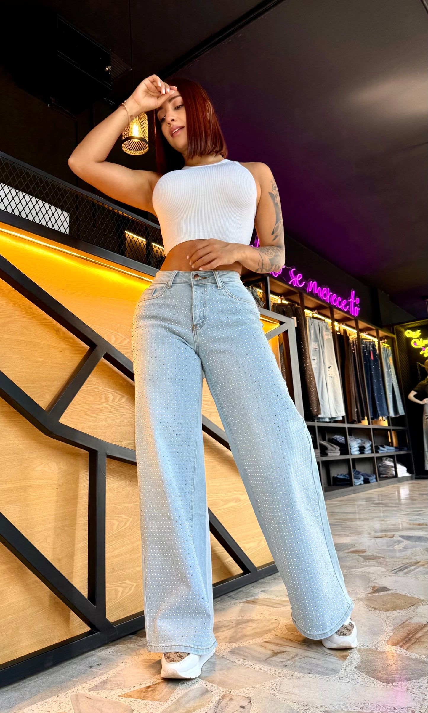 REF: 39550 PALAZO TIRO ALTO EN TELA DENIM FULL STRETCH CON PIEDRA BRILLANTE POR DELANTE