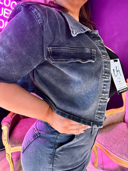 2501 CHAQUETA EN TELA DENIM STRETCH, GRIS HUMO CURVY