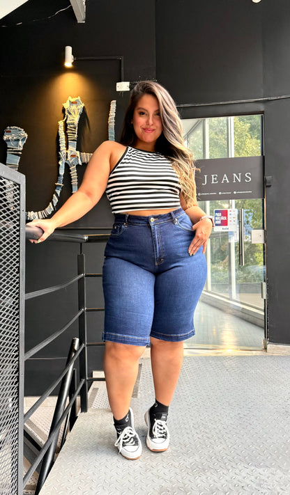 REF: 98334 BERMUDA CURVY TIRO ALTO EN TELA DENIM FULL STRETCH AZUL OSCURO