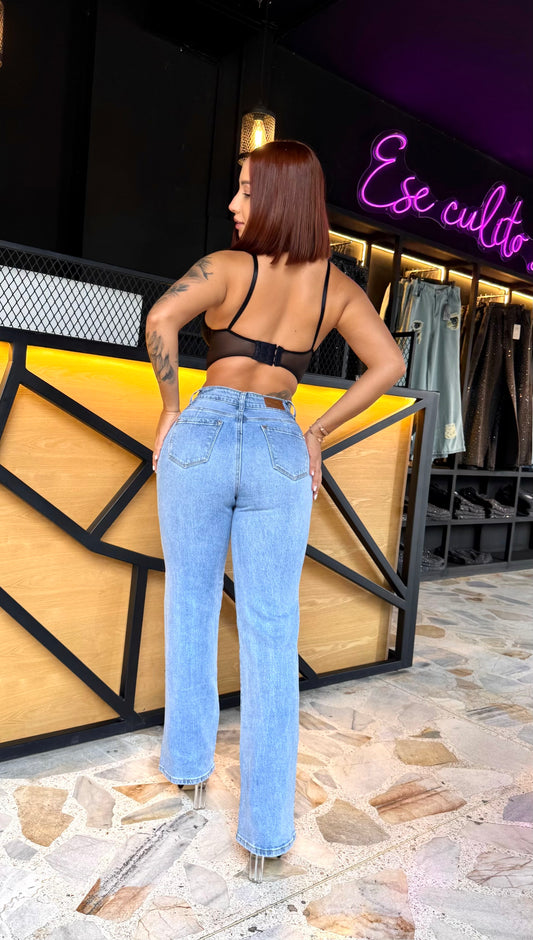 REF: 94163 BOTA RECTA EN TELA DENIM STRETCH, TIRO ALTO CON REALCE CON PIERA BRILLANTE EN DEGRADE