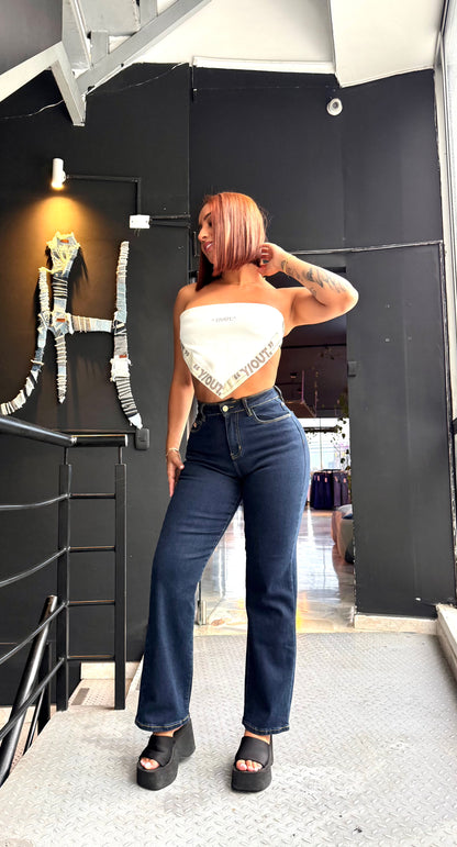 REF: 97733 RECTO TIRO ALTO CON REALCE EN TELA DENIM STRETCH, AZUL OSCURO