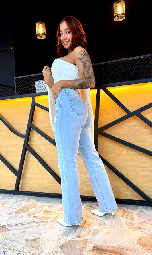 REF: 38614 BOTA RECTA TIRO ALTO EN TELA DENIM SEMI STRETCH, AZUL CLARO