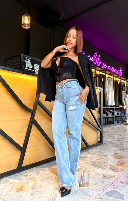 REF: 38614 BOTA RECTA TIRO ALTO EN TELA DENIM SEMI STRETCH, AZUL CLARO