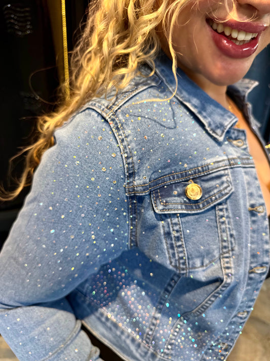 REF: 92735 CHAQUETA EN TELA DENIM STRETCH CON PIEDRA BRILLANTE EN DEGRADÉ TALLAS REGULARES Y CURVY