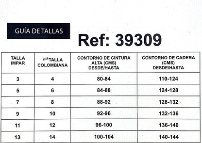 REF: 39309 BOTA RECTA EN TELA DENIM FULL STRETCH, TIRO ALTO CON ROTO Y ENCAJE CON PIEDRA